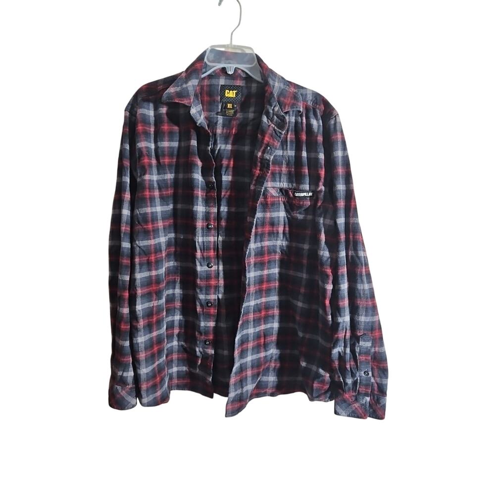 Mens Sz XL Caterpillar Thompson CAT Flannel Long Sleeve Button Down Shirt Red...